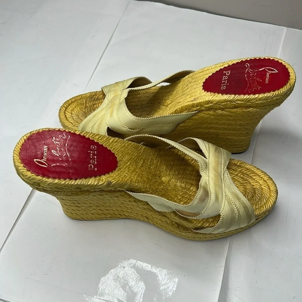 Christian Louboutin Sz 6 Yellow Ribbon Espadrille Wedges Heels Backless Sandals